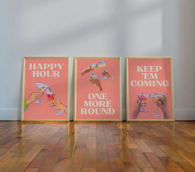 Set of 3 Cocktail Print, Keep Em Coming Print, One More Round Print, Happy Hour, Retro Alcohol Print, Bar Cart Wall Art, Funky Alcohol Print