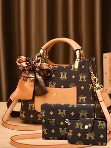 Women's Fashionable All Over Print Patched Design Handbag & Crossbody Bag & Wallet, Casual Trendy Versatile High-quality Daily Commuting Bag Set