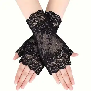 Women's Lace Trim Half Finger Gloves, Elegant Floral Design, Perfect for Parties and Special Occasions, Ladies Fashion Accessories