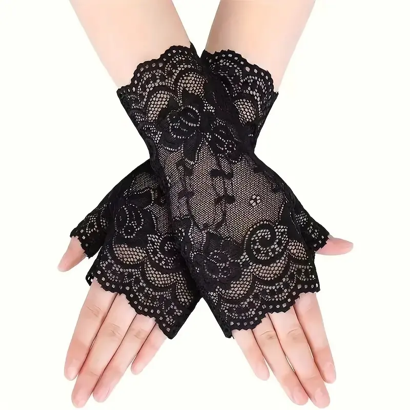 Women's Lace Trim Textured Half Finger Gloves, Elegant Floral Design, Perfect for Parties and Special Occasions, Ladies Fashion Accessories