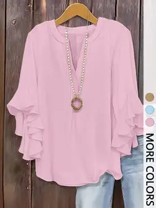 1 Piece V-neck Half Placket Ruffle Bell Sleeve Blouse, Casual Loose Fit Shirt