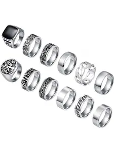 12-piece stainless steel vintage men's stamp ring set, square little finger thick ring, wedding ring, vintage motorcycle ring set, sizes 7-13