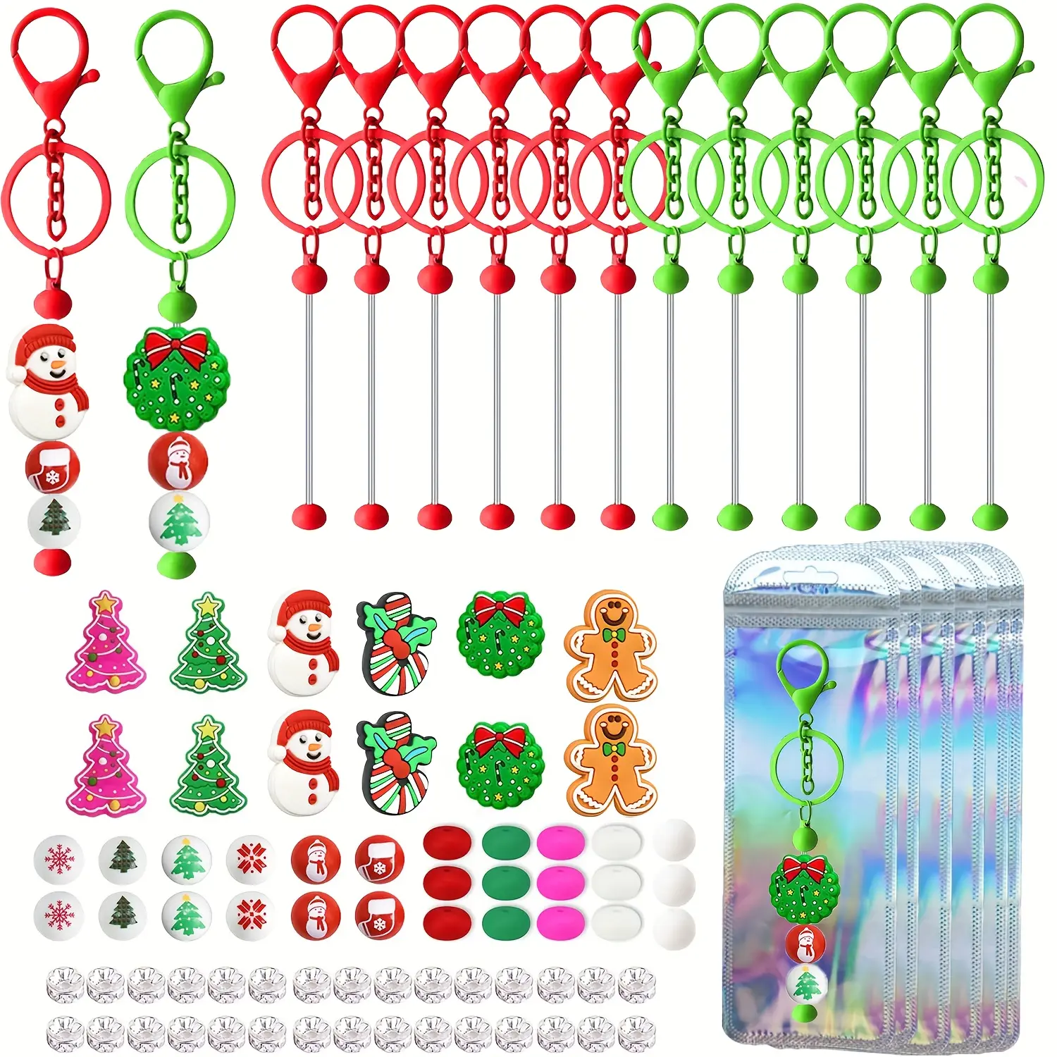93 Christmas keychain set, including 12 keychains, 12 Christmas themed beads, 57 beads, and 12 keybags, as DIY handmade Christmas party gifts