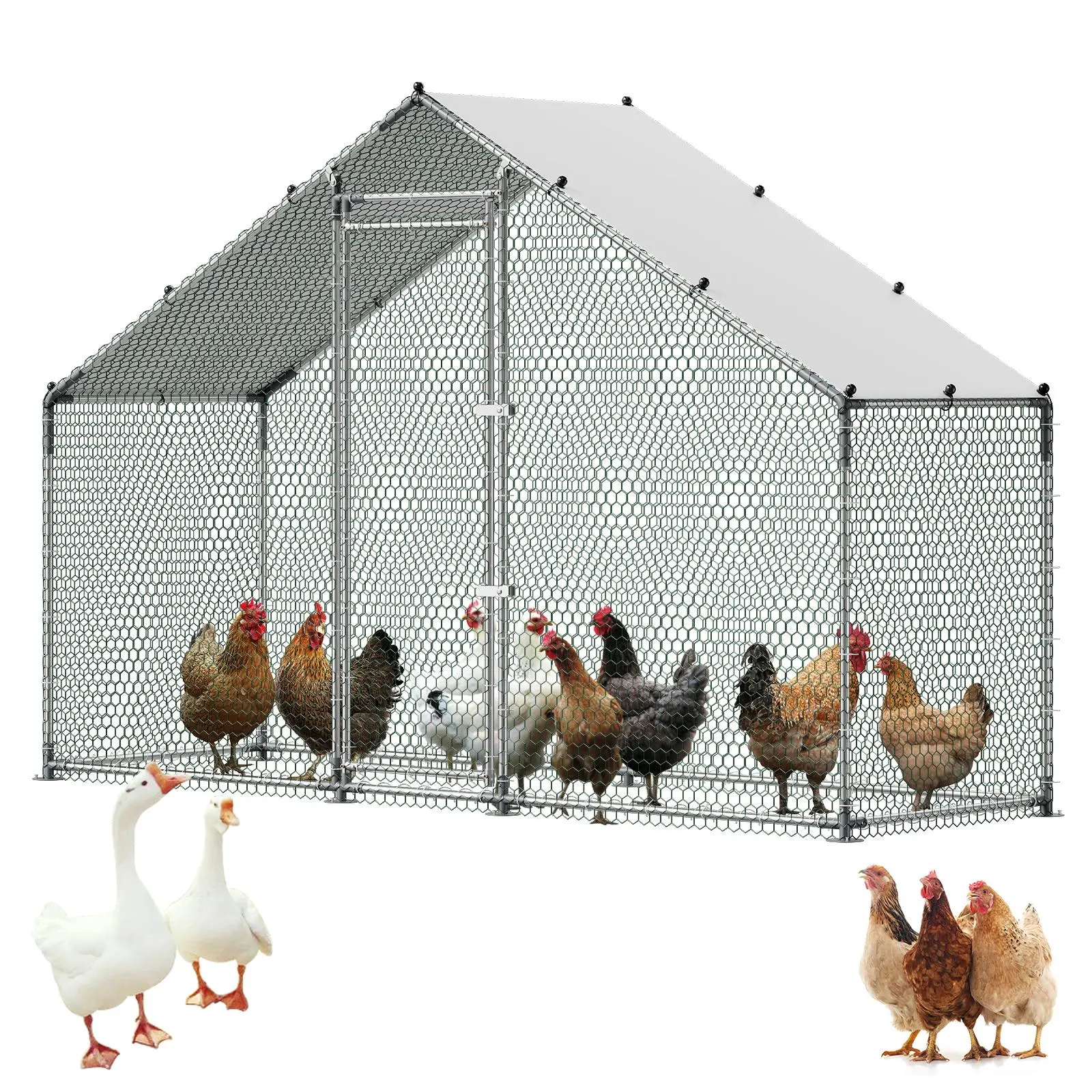 【SummerFinds】VEVOR Large Metal Chicken Coop,9.8 x 3.3 x 6.6 ft, Walk-in Chicken Run House with Waterproof Cover & Sturdy Frame, Spire Roof Poultry Cage Duck Pen for Rabbit Hen Goose Outdoor Backyard Farm Use