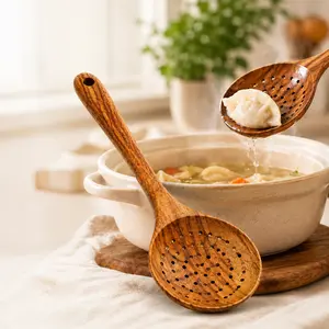 Natural Acacia Wood Slotted Spoon | Long Handle Skimmer Spoon for Soup, Dumplings & Hot Pot | Safe Wooden Cooking Utensil，Long Slotted Wooden Handle Spoon，Kitchen, Cookware, Holes, Lightweight, Nonstick surface , Sturdy， plastic free kitchen utensils