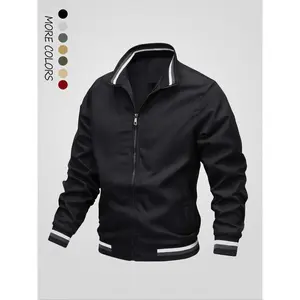 Men's Regular Fit Striped Print Zip Up Jacket, Casual Long Sleeve Funnel Neck Outerwear for Fall & Winter, Men's Clothes for Daily Wear