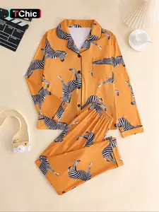 Two-piece Set Women's All Over Zebra Print Two-piece Pajama Set, Long Sleeve Lapel Neck Pocket Button Front Top & Elastic Waist Pants Pj Set, Casual Comfortable Sleepwear Set for Women, Loungewear Nightwear Set