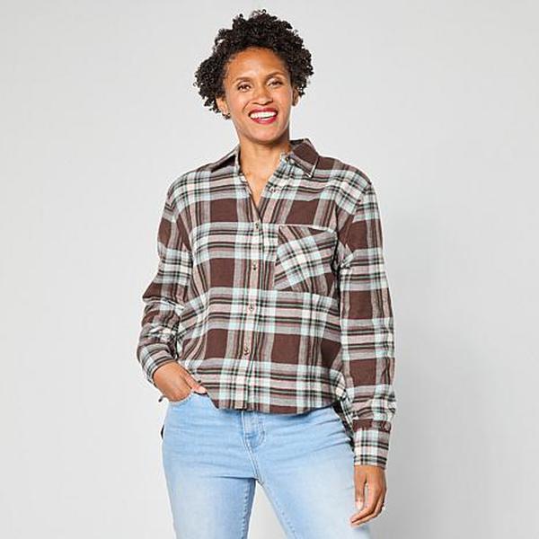 Hue Plaid Flannel Button-Down Hi-Low Hem Shirt