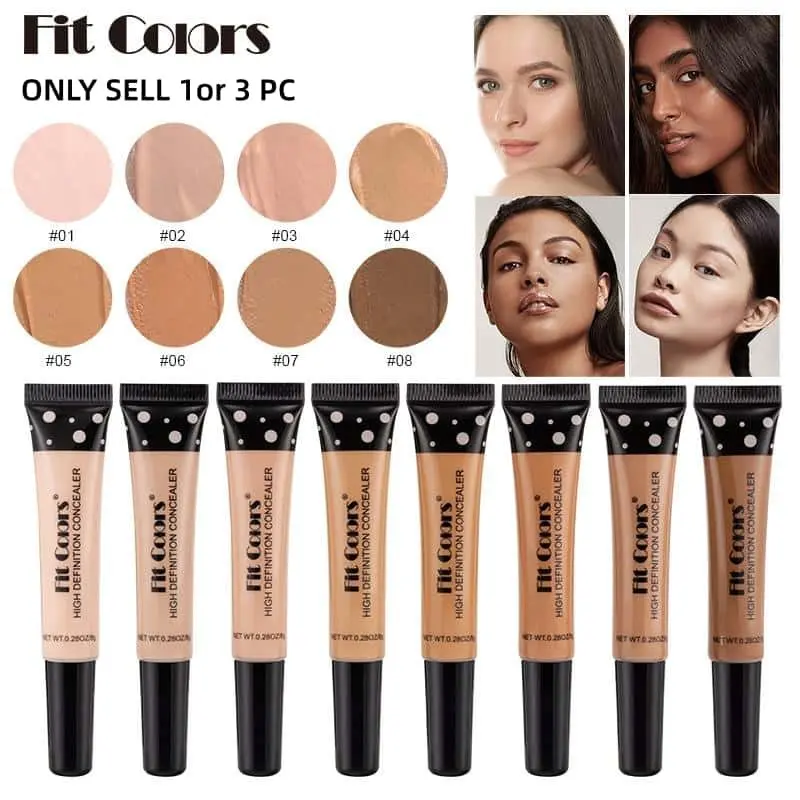 3PCS Fit Colors Liquid Concealer Tube, 8 Shades Concealer, High Coverage, Full Coverage, Soft Matte Coverage, Long-Lasting Oil Control, Waterproof Smudge-Proof, Matte Finish, for Dark Circles Blemishes & Redness, Multi-Tone Concealer, Color Corrector