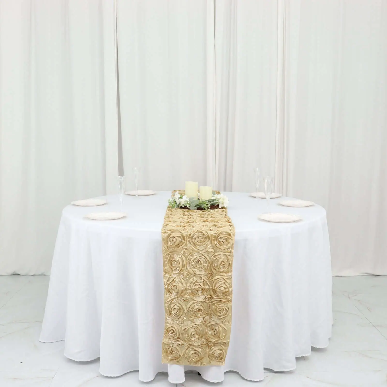 Rosette Satin Table Runner, 14"x108" Champagne - Grandiose Decorative Fabric Table Linens for Wedding, Event, Party, Machine Washable