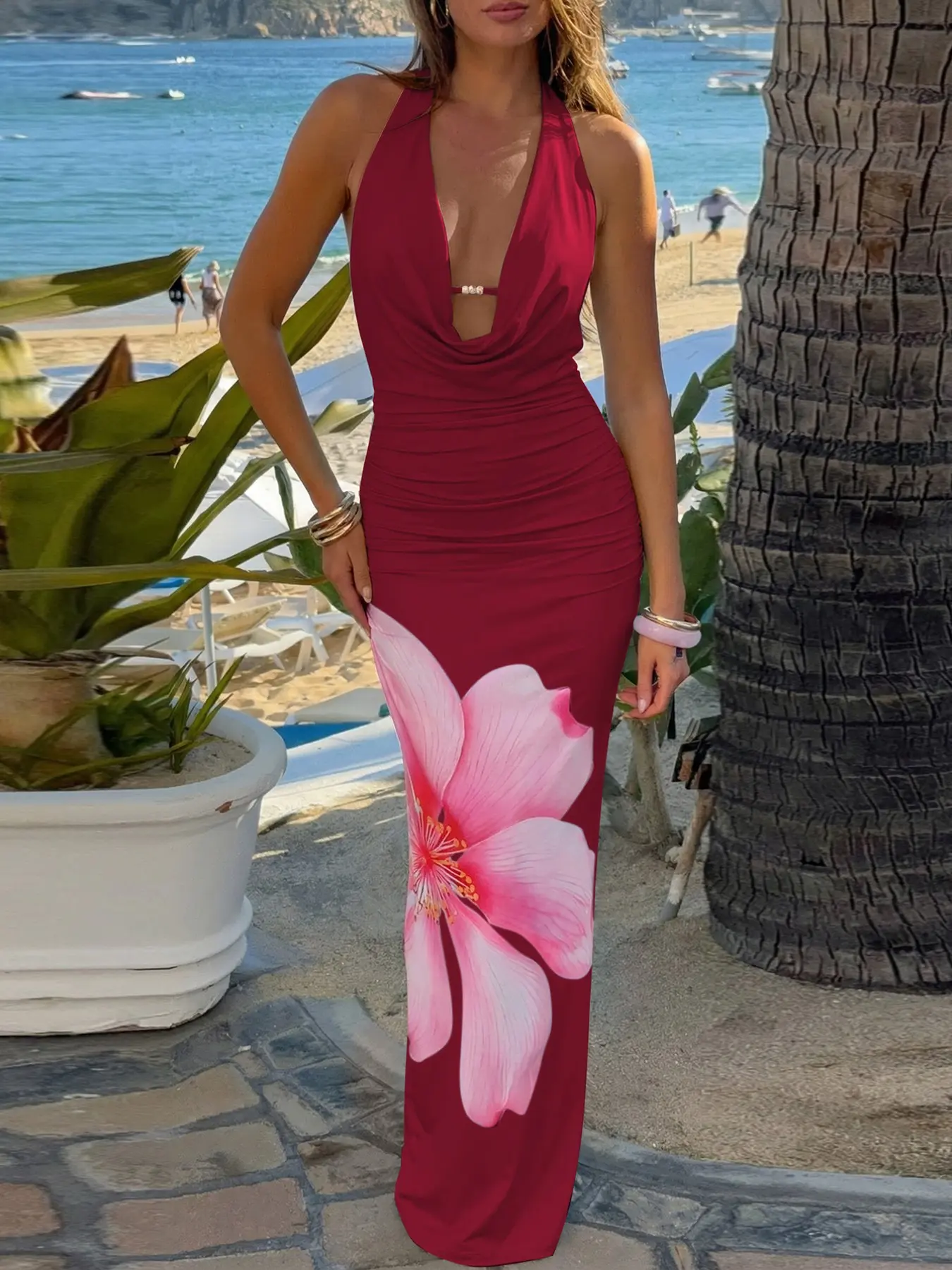 Women's Floral Print Bodycon Halter Slip Dress, Sexy Cut Out Cowl Neck Ruched Back Split Tie- Women's Floral Print Bodycon Halter Slip Dress, Sexy Cut Out Cowl Neck Ruched Back Split Tie-