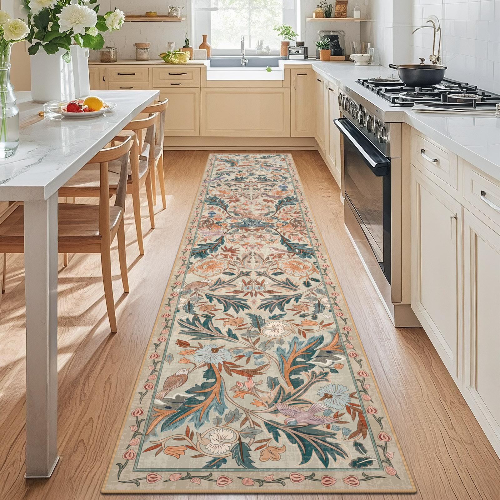 Geanup Washable Bird Rug Non Slip, Soft Boho Floral Kitchen Laundry Rug with Rubber Backing, Low Pile Runner Rug for Entryway Bedroom Living Room Bathroom