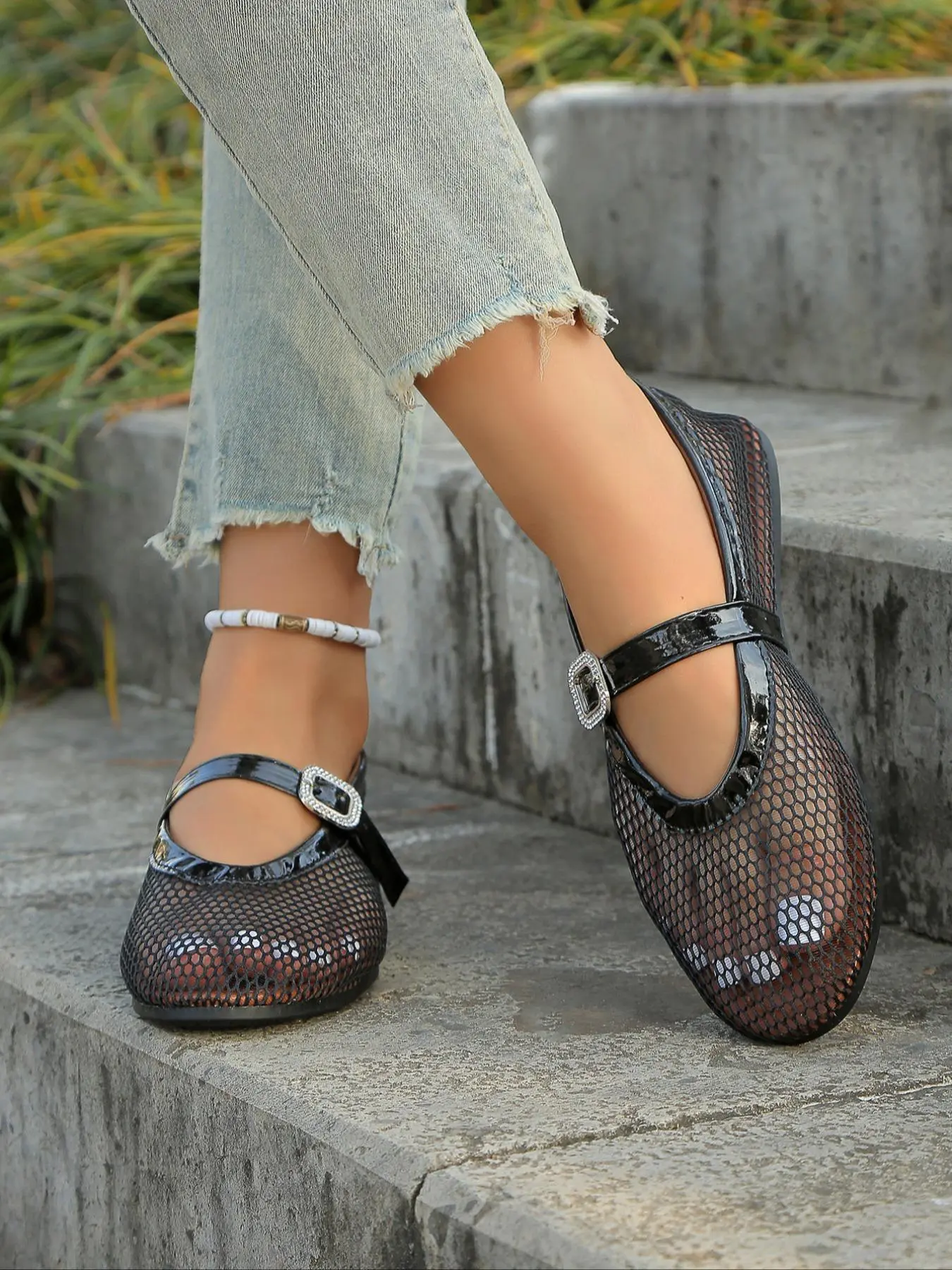 Women's Fashionable Gingham Pattern Slip on Flat Sandals, Elegant Mary Jane Flats for Summer, Lightweight Breathable Comfortable Shoes for Daily Wear, Girl, Classy Footwear