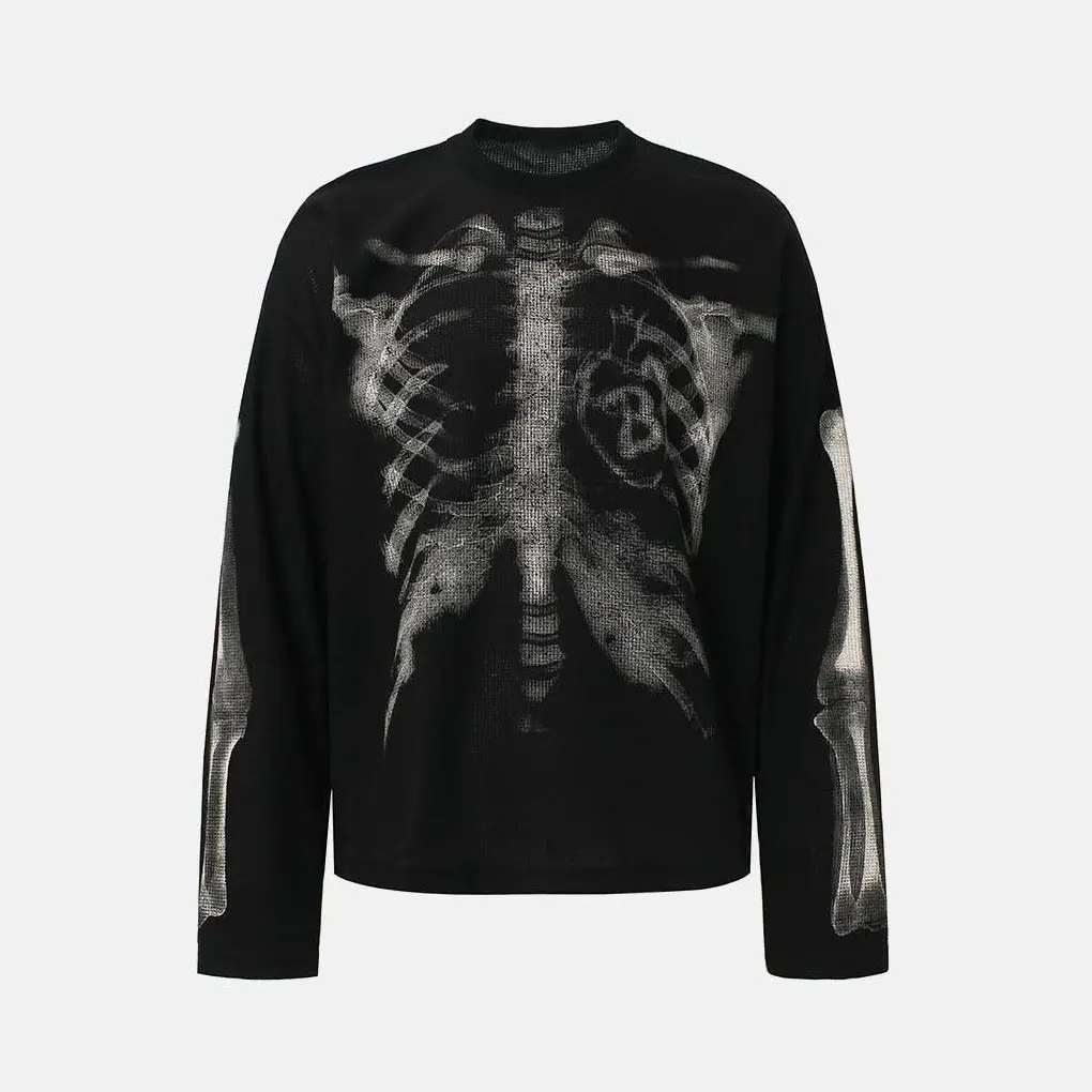 inflation Men's Oversized Streetwear Knitwear, Long Sleeve Waffle Thermal Shirt with X-Ray Skeleton Ribcage Graphic