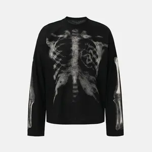 inflation Men's Oversized Thermal Shirt, Stylish Streetwear Waffle Knit Top with X-Ray Skeleton Ribcage Print, Knitwear