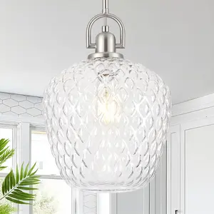 Large Glass Pendant Lights Kitchen Island, 10" 1-Light Brushed Nickel Fixtures with Clear Hammered Glass Modern Hanging Light for Kitchen Island Dining Room Entryway Foyer