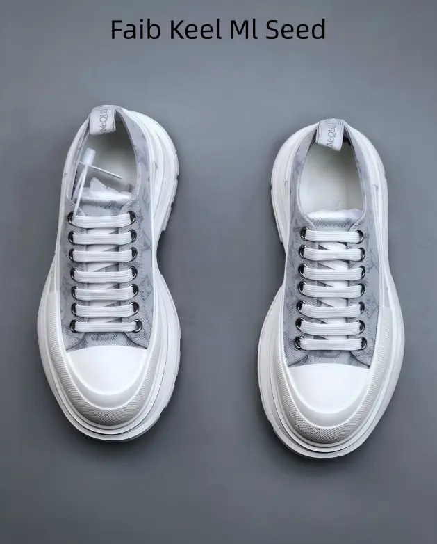 Vintage printed low-top canvas trainers, gray monogram upper with clean white toe, cushioned chunky white sole, versatile unisex footwear for shopping travel all-season looks