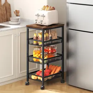 Rolling Storage Cart, 4-Tier 11.8" Wide Panel Kitchen Storage Cart, Utility Carts with Handle & Wheels, Mobile Shelving Unit, Metal Frame Narrow Carts for Home Kitchen, Laundry, Rustic Brown