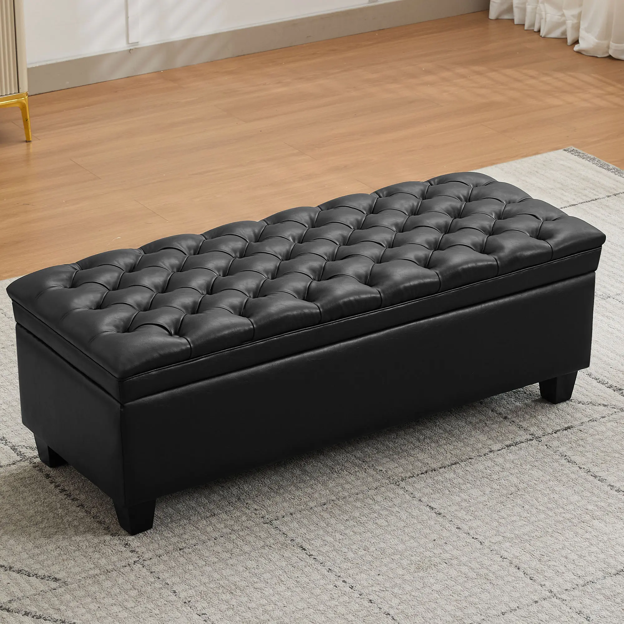 51-in Backless Armless Faux Leather Ottoman Bench - Padded Rectangular Hinged Lid Storage Bench with Safe Hinges, Assemble-Required Indoor Furniture for Modern Living Room, Bedroom (Elegant Black), Requires