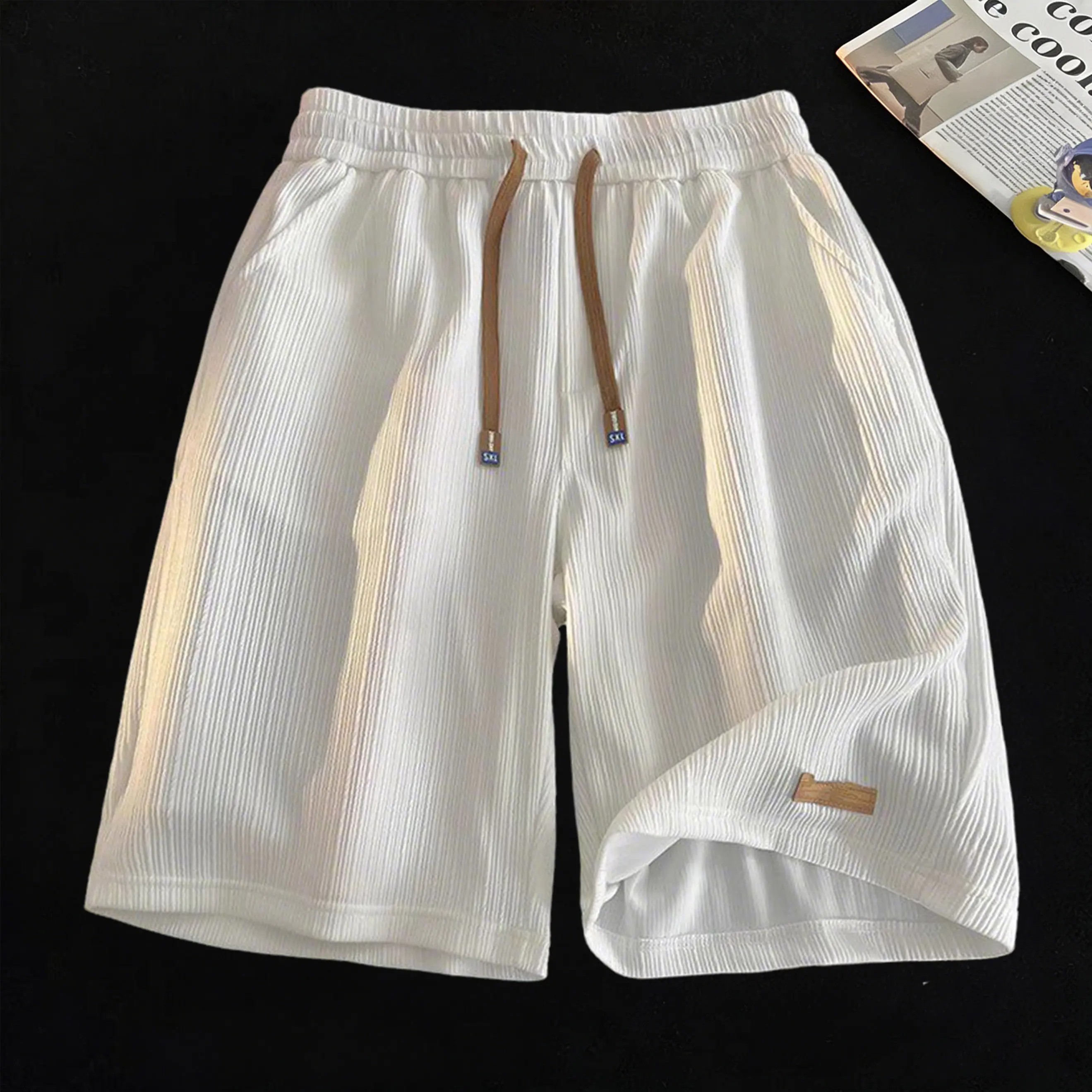 Men’s textured casual shorts for summer outdoor wear, drawstring waist, lightweight polyester fabric, casual wear, beach or outdoor activities pockets, everyday shorts |Drawstring waist shorts |Lightweight shorts
