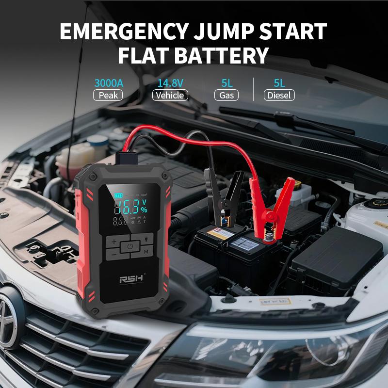 15000mAh Ultra-Safe Jump Starter – Starts all 12V battery vehicles. Features 150 PSI air compressor, 45W fast charging, tire pressure check, and LED light. Includes jumper cables, air hose, storage bag, and 4-in-1 charging cable