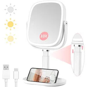 Lighted Makeup Mirror, 2600mAh Rechargeable 1x/10x Magnifying Vanity Mirror, 8.5" Height Adjustable Makeup Mirror with Lights 3 Color, 360°   Rotation 2-Sided Light up Large Desk Mirror, Gifts for Women