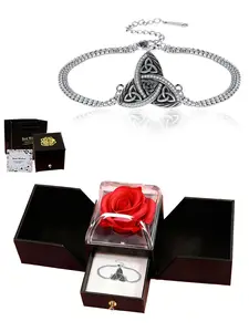 Vintage Celtic Triple Knot Bracelet, Copper Clover Pendant with Cz Gemstone, Irish Celtic Jewelry, Unisex Gift, Includes Rose Box