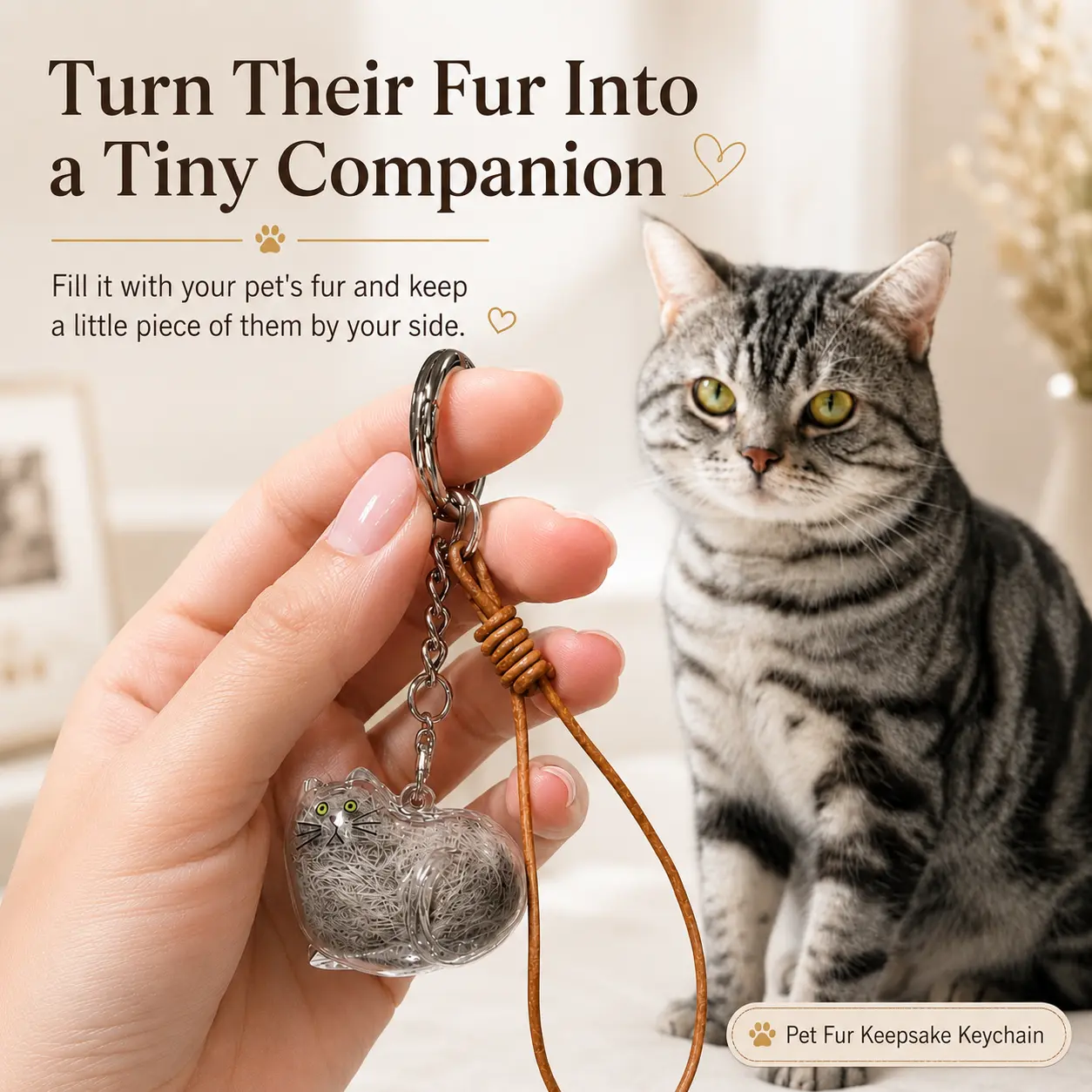 Cat Fur Memorial Keepsake Charm - Pet Hair Personalized Memento Key Chain for Car Keys, High Transparency Design, Transparent Cover, Cat Loss Sympathy Gift with Gift Box Packaging, Cute Keychains