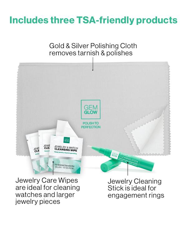 GEM GLOW On-The-Go Jewelry Cleaner Kit with 3 Products 10 Wipes & Gold Silver Polishing Cloth TSA-Friendly Travel-Friendly Jewelry Cleaning Stick