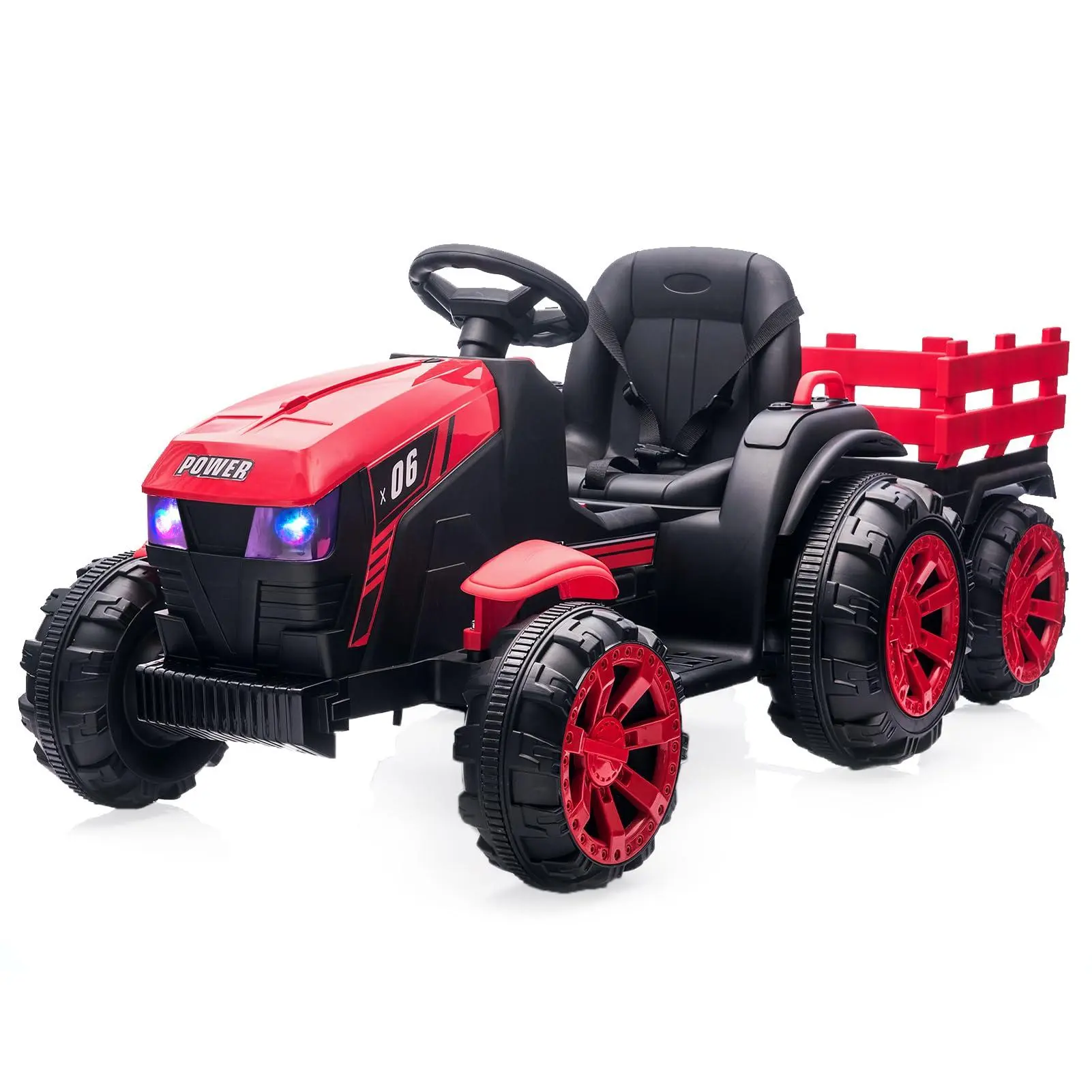 Kids Ride on Tractor with Trailer,12V Electric Vehicles with Remote Control,Dual Motors, Led Lights, Music, Startup Sound,Electric Ride On Toy for Kids 3+,Red
