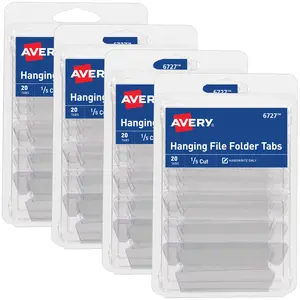 Avery Hanging File Folder Tabs and Inserts, 1/5 Cut, Clear, 4 Packs, 80 File Folder Tabs and Inserts Total (21931)
