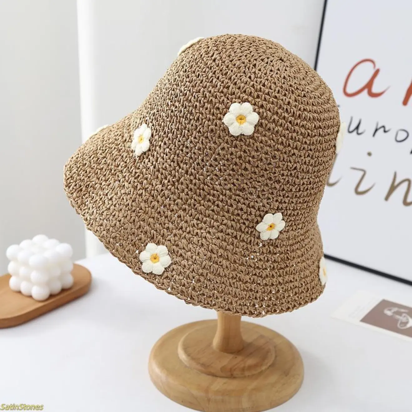 Women's Gender Neutral Straw Bucket Hat - Blue Flower Embroidered Wide Brim, Woven Breathable Lightweight Sun Protection Headwear, Beach Fit Coastal Hat for Vacation Outdoor Leisure, Breathable Lightweight Hats, Gender Neutral Hats