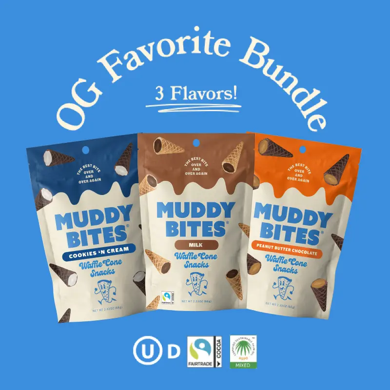 MUDDY BITES 3-PACK: OG Favorite Bundle - 2.6oz - Fairtrade and Kosher Snacks Snackable