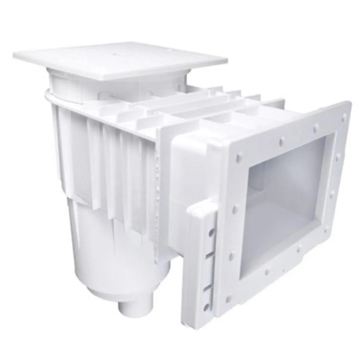 Custom Molded Products 25160010000N Vinyl Inground Square Pool Skimmer Complete Kit, 19 1/4" x 19", Dual Port Vinyl Liner Compatible, 9" Throat, 2.5" Spigot, 2" Socket, with Diverter Plate, Mounting Plate, Screws & Gasket for Swimming Pools, Socket: 2"
