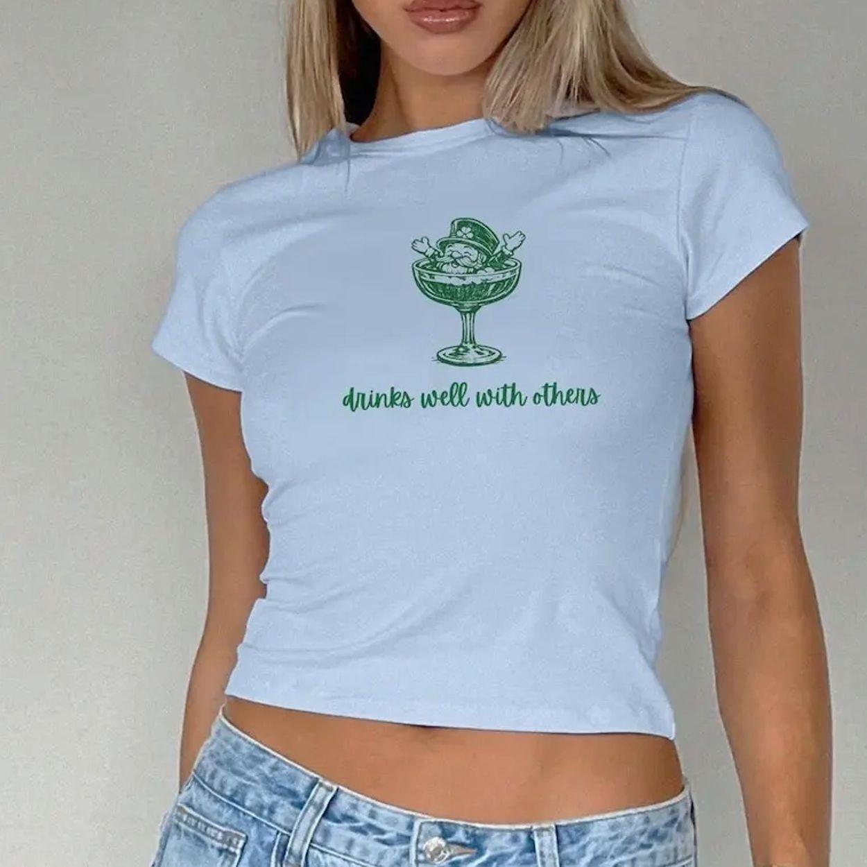 Leprechaun Cocktail St Patrick’s Day Baby Tee, Drinks Well With Others Y2K St Paddys Top, Luck of the Irish Shirt, Saint Pattys Parade T4T3J