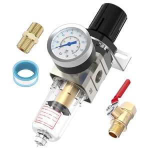 Air Pressure Regulator, 1/4 Inch Air Compressor Water Separator with Pressure Gauge Manual Drain Valve Ball Valve and Mounting Bracket - AW2000-02