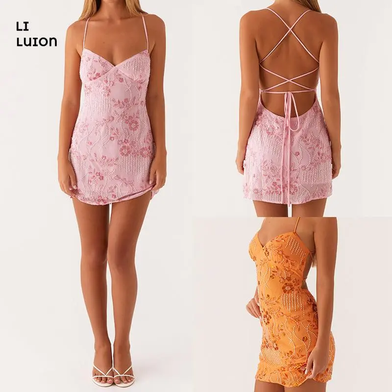 Women 2025 Summer Sequin Cami Mini Dress Tie Back Mini Dress Sexy Sleeveless Floral Sequin Embroidery Short Dress Party Dress Piece Fit