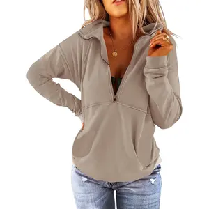 Women's Long Sleeve Lapel Half Zip Up Sweatshirt Solid Stylish Loose Fit Casual Pullover TopsGift