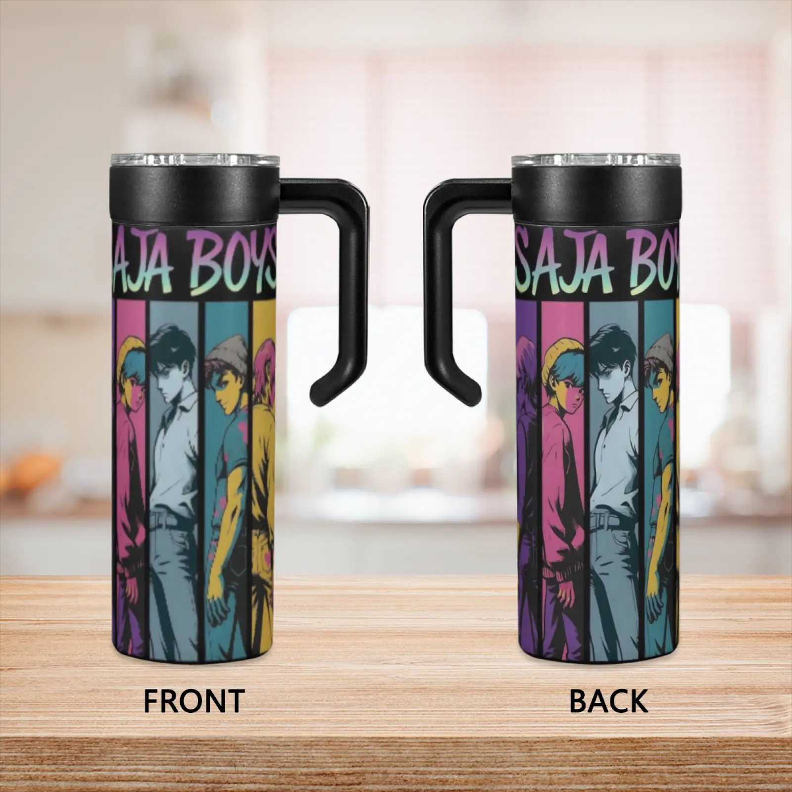 K-Pop Saja Boy Band Pattern 20oz Stainless Steel Insulated Mug with Handle & Leak-proof Lid, Vacuum Thermal Water Bottle, Portable Summer Cool Drinkware for Home/Office/School, Ideal Boyfriend Gift