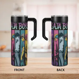 K-Pop Saja Boy Band Pattern 20oz Stainless Steel Insulated Mug with Handle & Leak-proof Lid, Vacuum Thermal Water Bottle, Portable Summer Cool Drinkware for Home/Office/School, Ideal Boyfriend Gift
