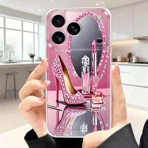 Diamond-Studded Pink Rhinestone High-Heel iPhone Cases (1 Pair) for iPhone 17/16/15/14/13/12/11/XS Max - Minimalist, Fashionable, Cartoon-Style, Protective Full-Coverage, Portable Smartphone Cellphone Handheld Devices Accessories