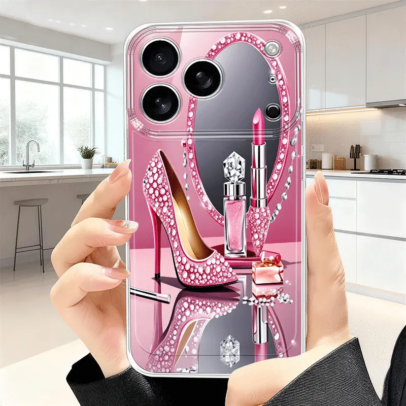 Diamond-Studded Pink Rhinestone TPU High-Heel iPhone Case, Full Cover Protective, Minimalist, Fashionable, Cartoon-Style, Portable for iPhone Series (17/16/15/14/13/12/11/XS Max), Multi-Model Mobile Phone Accessory Protective Covers