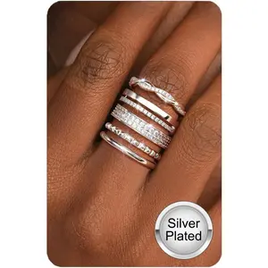 Non Tarnish Gold Silver Stackable Rings for Women - 14K Gold Plated Waterproof Stacking Thin Chunky Bands Cubic Zirconia Thumb Ring Set 2-4mm Trendy Statement Promise Engagement Rings Size 5-10