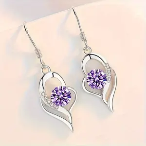 Fashion Silvery Color Love Heart Synthetic Zirconia Hook Earrings DDES0069  Love Temperament Female Angel Wing Drop Dangle Earrings14KGold-Plated