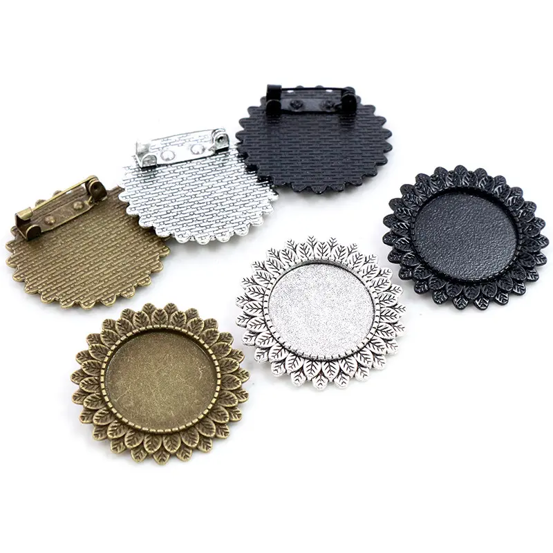 5pcs 20mm Inner Size Antique Silver Plated Bronze Black Brooch Pin Classic Style Cabochon Base Setting
