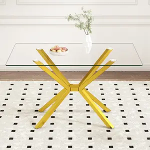 47.2" Rectangular Glass Dining Table, Tempered Kitchen Table with Gold Metal Legs, Modern Dinner Table for Kitchen Dining Room