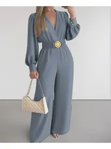 A set of casual women's waist cinched Belted tie waist Adjustable waist jumpsuit V-neck bubble sleeve wide leg pants, suitable for autumn and winter, suitable for home, indoor, and outdoor wear