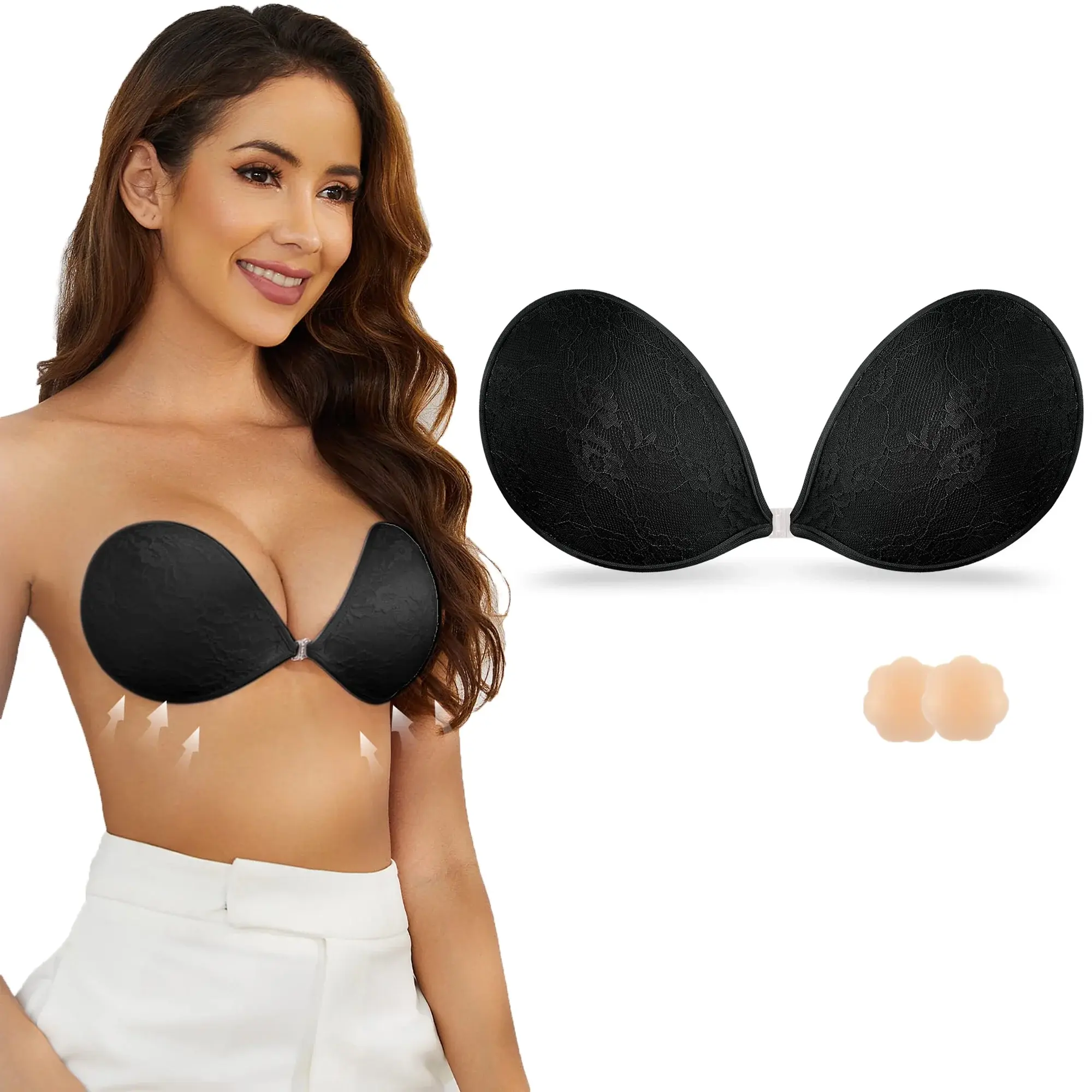 Niidor Adhesive Bra Backless Strapless Sticky Bra Invisible Push up Lifting Boobs Bras for Backless Dress with Nipple Covers