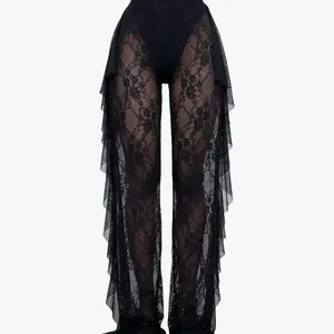 Modest Islamic Swimwear Black Lace Cover Up Pants - Brand-Customized Spandex-Blend Lace, Elastic High-Waisted Retro Palazzo, Soft, Comfortable, Quick-Drying, See-Through Mesh for Summer Beach Days