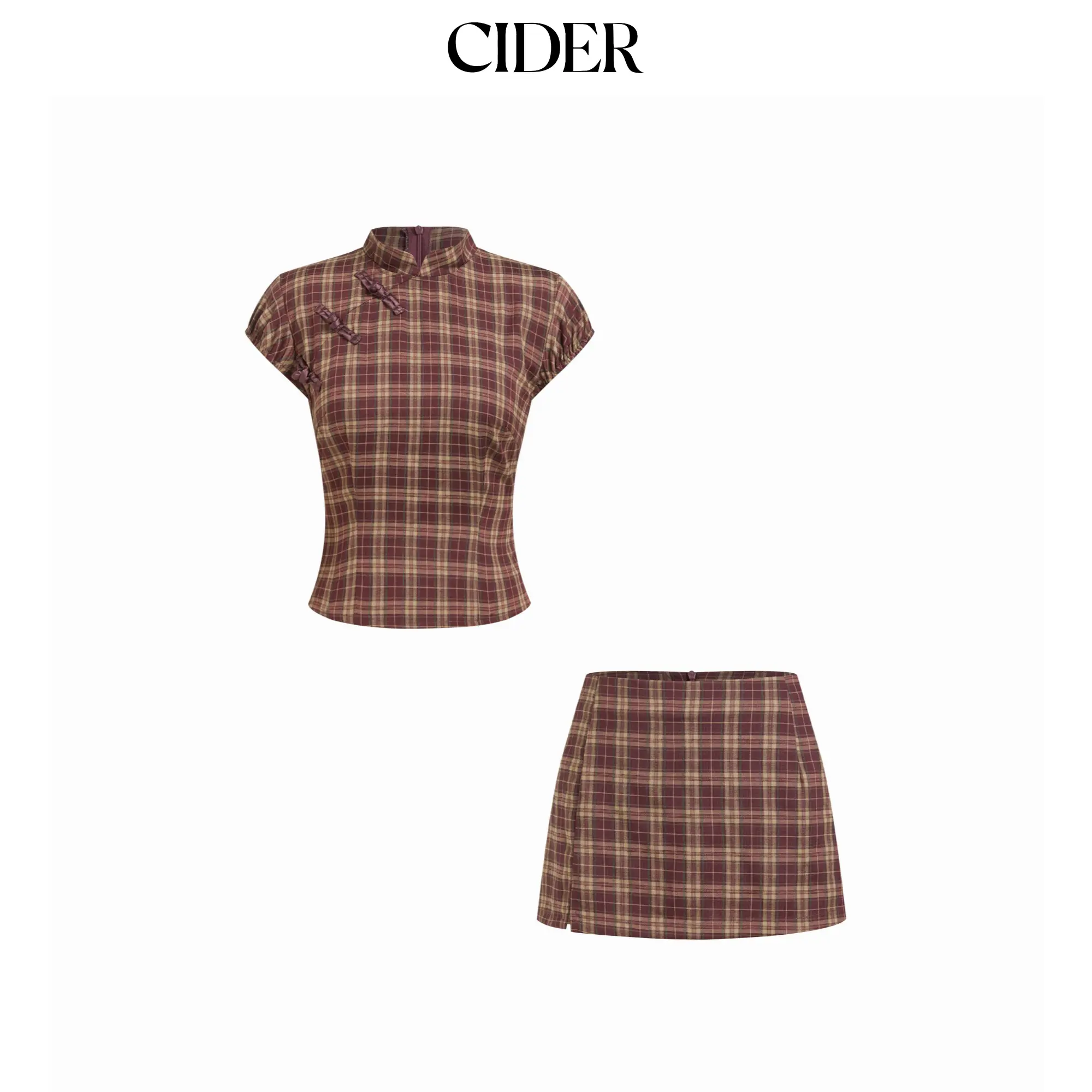 Cider Women's 2-Piece Preppy Matching Skirt & Top Set - Mandarin Collar Plaid Top, Mid-Rise Zipper Mini Skort, Women's Clothes, Matching Skirt & Top Sets